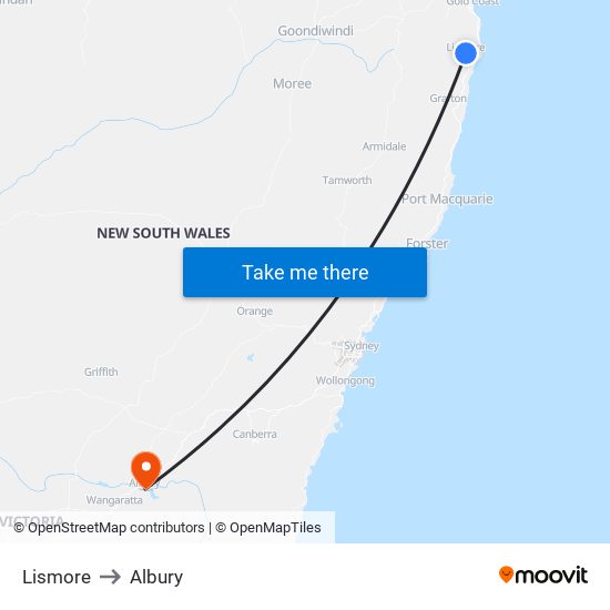 Lismore to Albury map