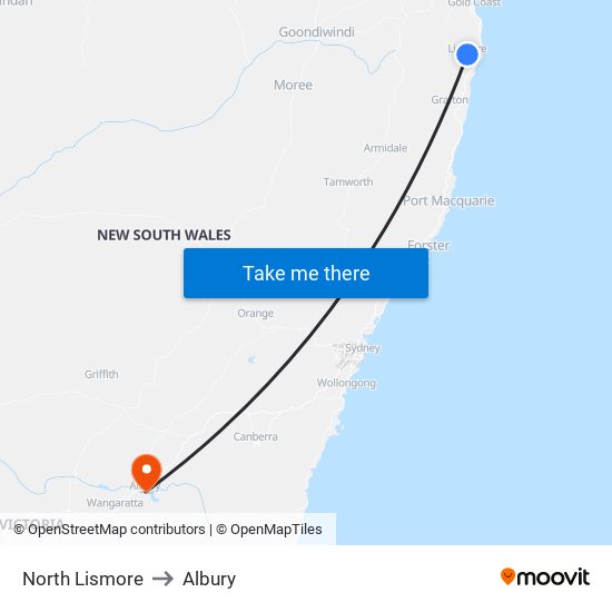 North Lismore to Albury map