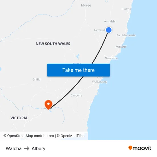 Walcha to Albury map