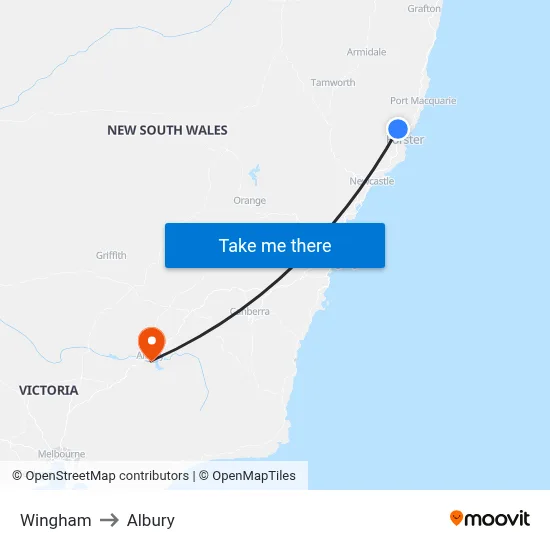 Wingham to Albury map