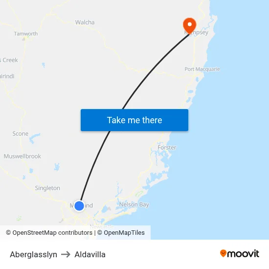 Aberglasslyn to Aldavilla map