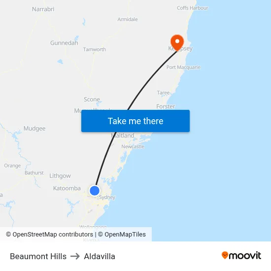 Beaumont Hills to Aldavilla map