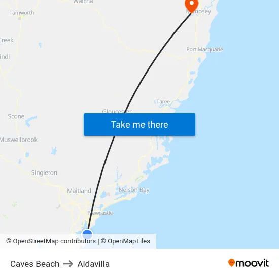 Caves Beach to Aldavilla map