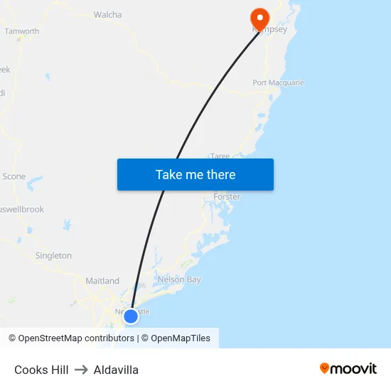 Cooks Hill to Aldavilla map