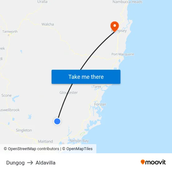 Dungog to Aldavilla map