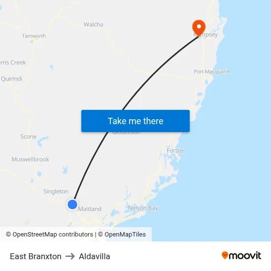 East Branxton to Aldavilla map