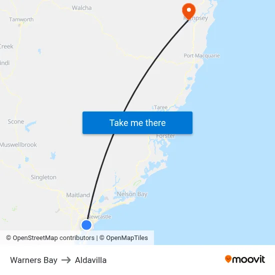 Warners Bay to Aldavilla map