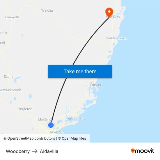 Woodberry to Aldavilla map