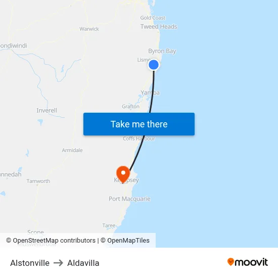 Alstonville to Aldavilla map