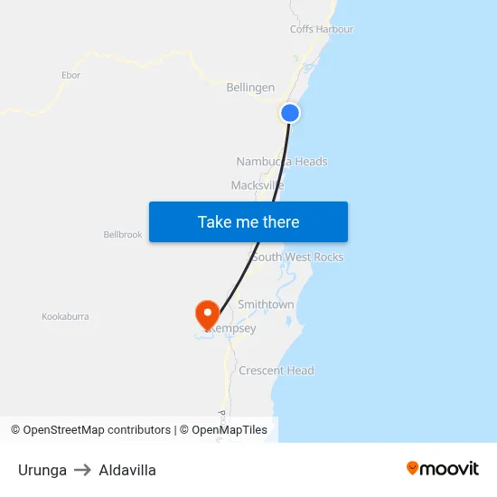 Urunga to Aldavilla map