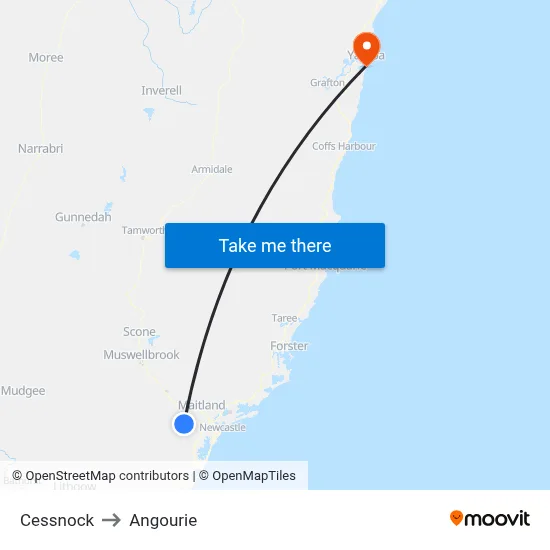 Cessnock to Angourie map