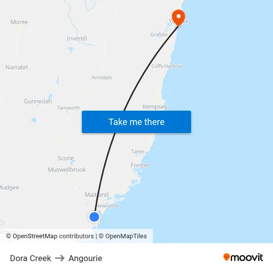 Dora Creek to Angourie map