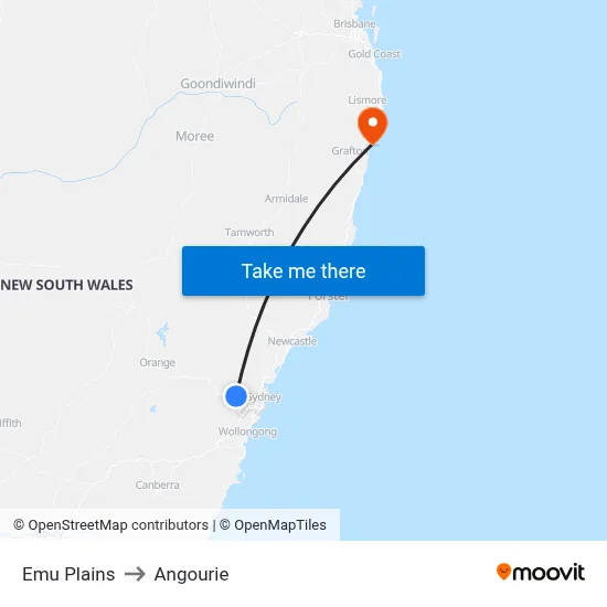 Emu Plains to Angourie map