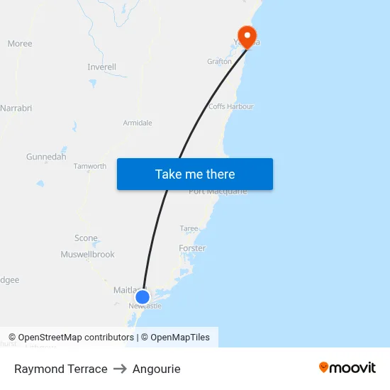 Raymond Terrace to Angourie map
