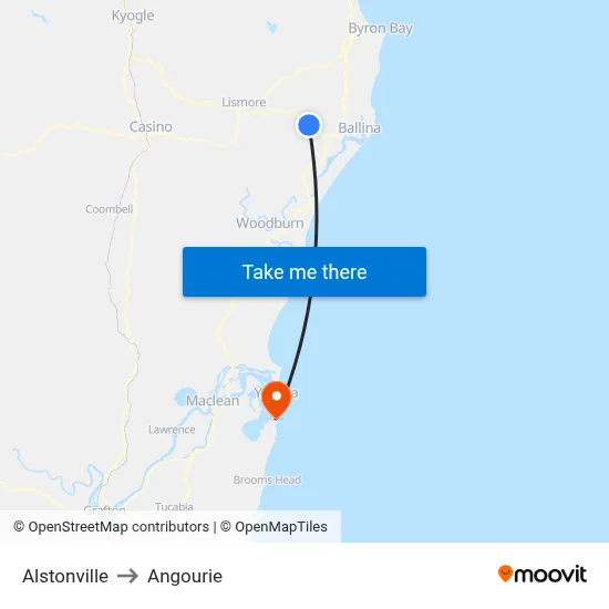 Alstonville to Angourie map