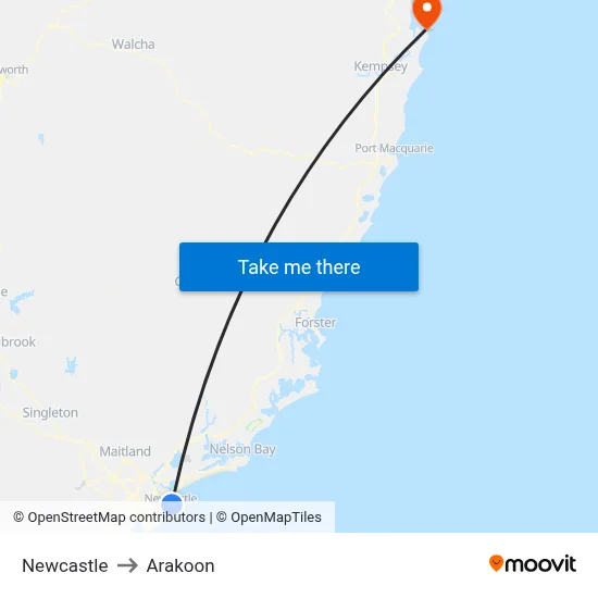 Newcastle to Arakoon map