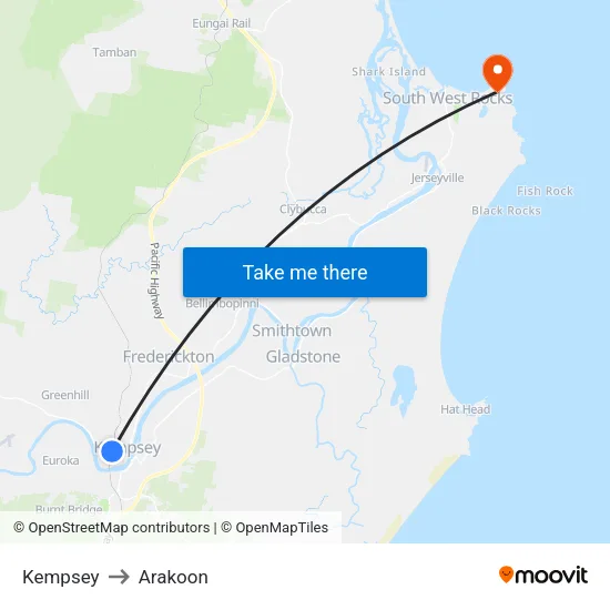 Kempsey to Arakoon map