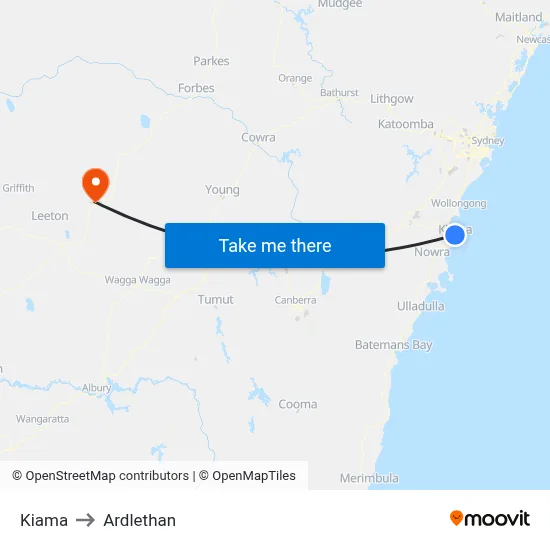 Kiama to Ardlethan map