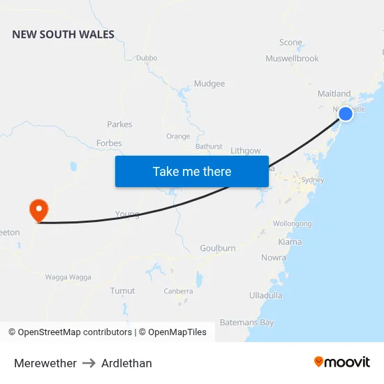 Merewether to Ardlethan map