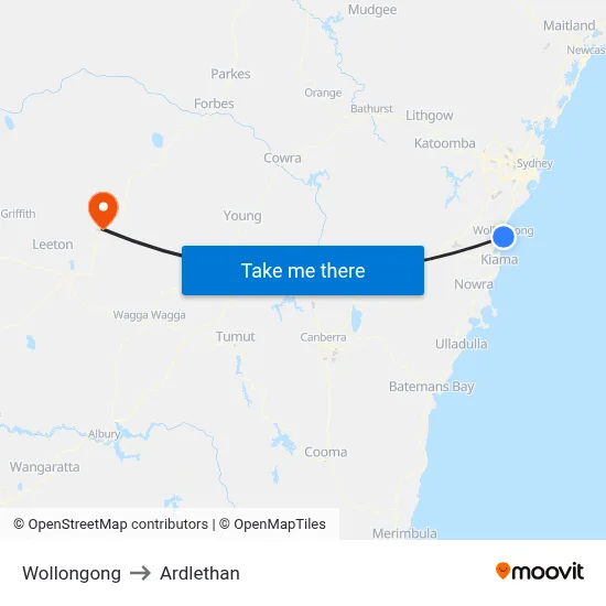 Wollongong to Ardlethan map