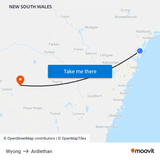Wyong to Ardlethan map