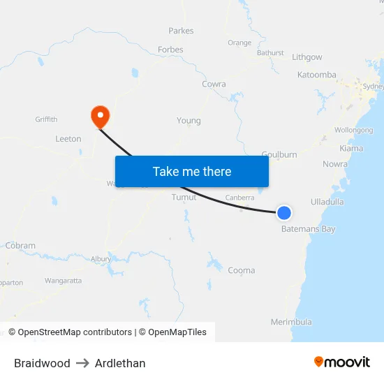 Braidwood to Ardlethan map