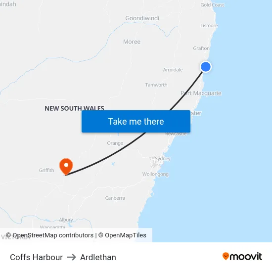 Coffs Harbour to Ardlethan map