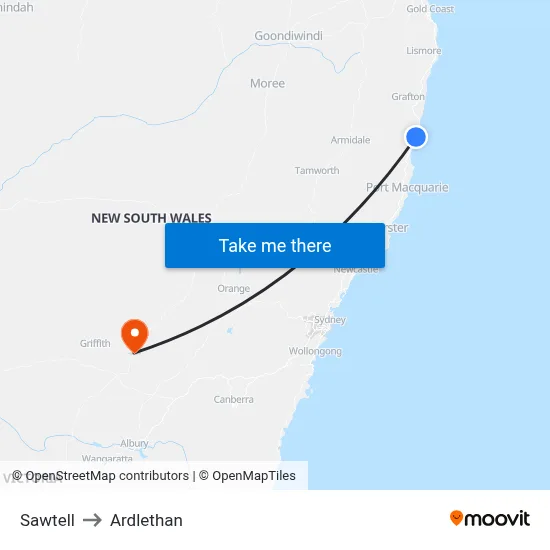 Sawtell to Ardlethan map