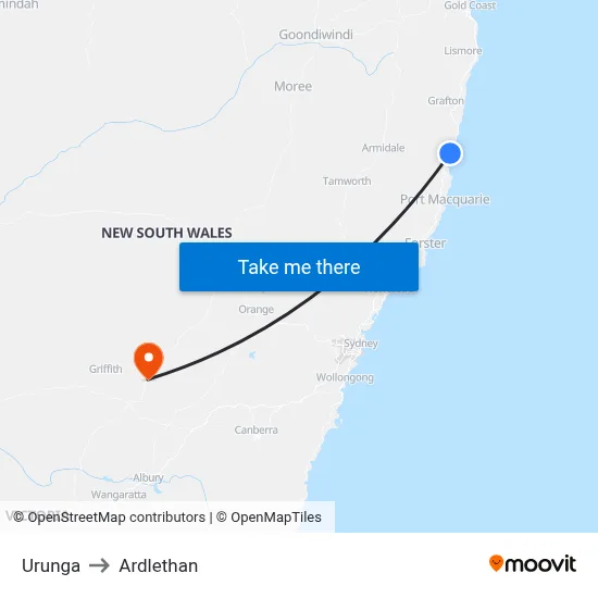 Urunga to Ardlethan map