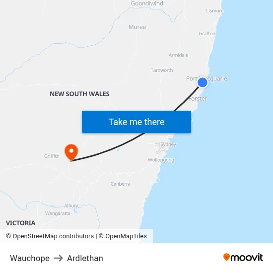 Wauchope to Ardlethan map