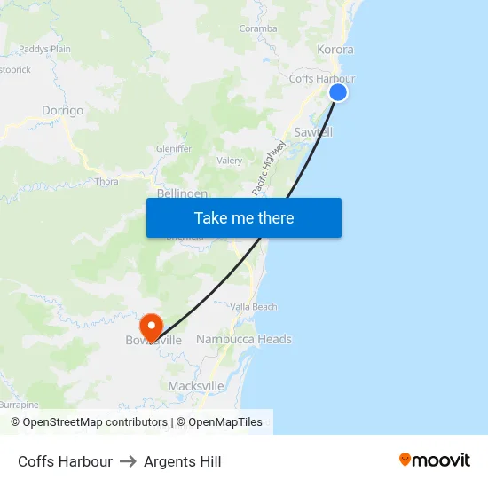 Coffs Harbour to Argents Hill map