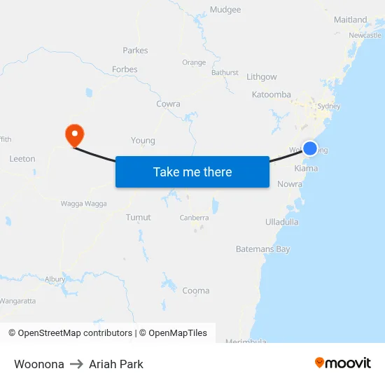Woonona to Ariah Park map