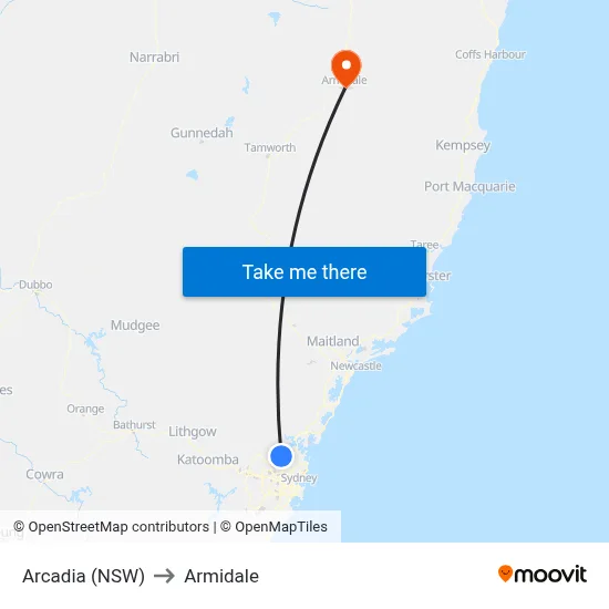 Arcadia (NSW) to Armidale map