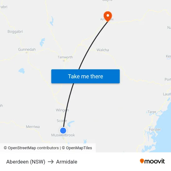 Aberdeen (NSW) to Armidale map