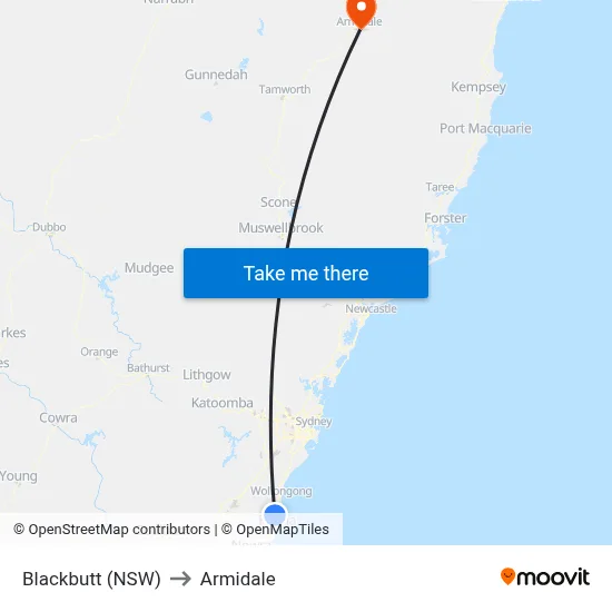 Blackbutt (NSW) to Armidale map