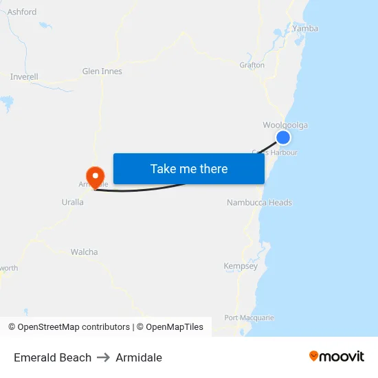 Emerald Beach to Armidale map