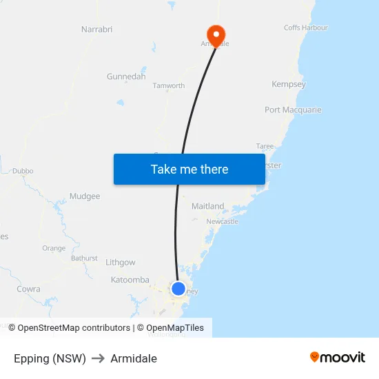 Epping (NSW) to Armidale map