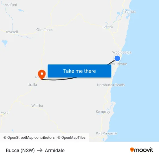 Bucca (NSW) to Armidale map