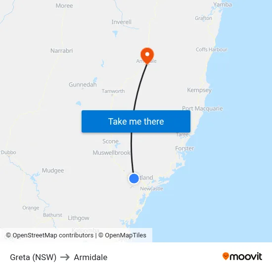 Greta (NSW) to Armidale map