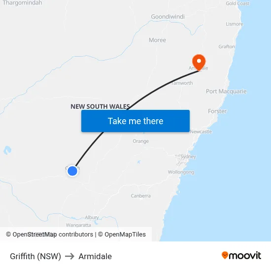 Griffith (NSW) to Armidale map