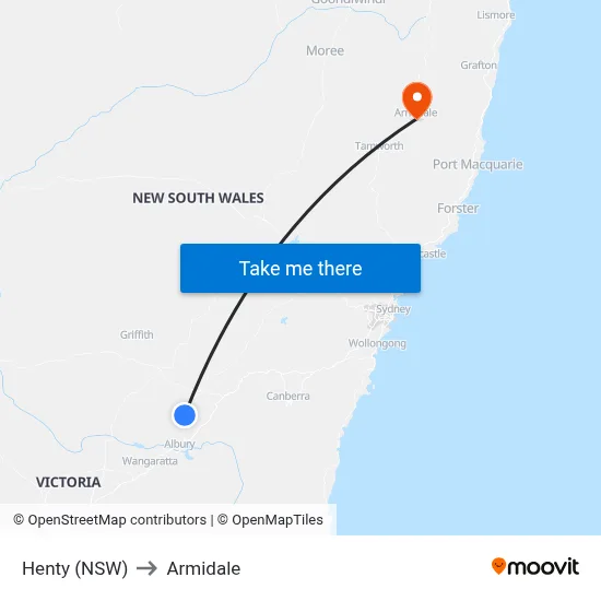 Henty (NSW) to Armidale map