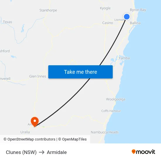 Clunes (NSW) to Armidale map