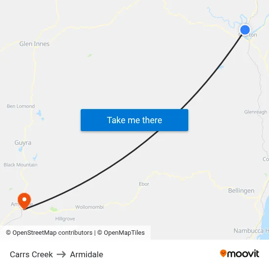 Carrs Creek to Armidale map