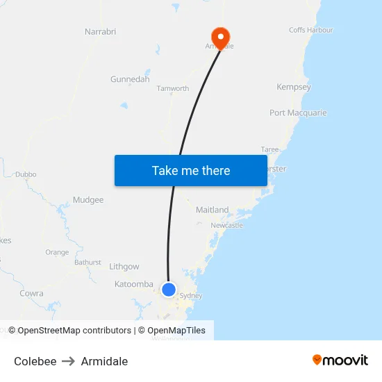 Colebee to Armidale map