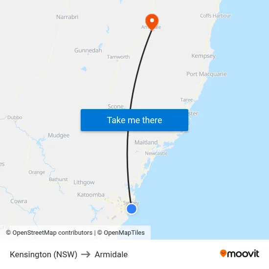 Kensington (NSW) to Armidale map