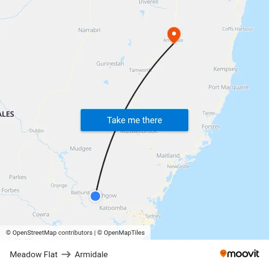Meadow Flat to Armidale map