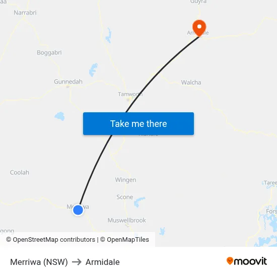 Merriwa (NSW) to Armidale map