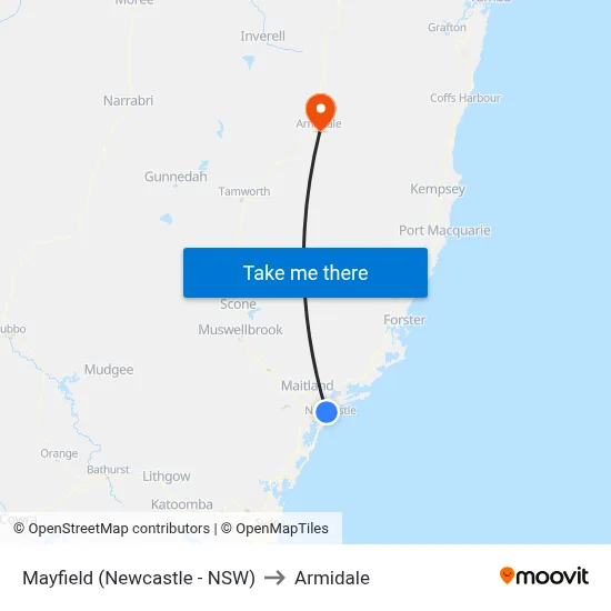 Mayfield (Newcastle - NSW) to Armidale map