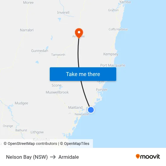 Nelson Bay (NSW) to Armidale map