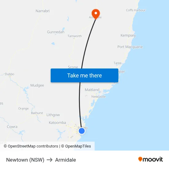 Newtown (NSW) to Armidale map